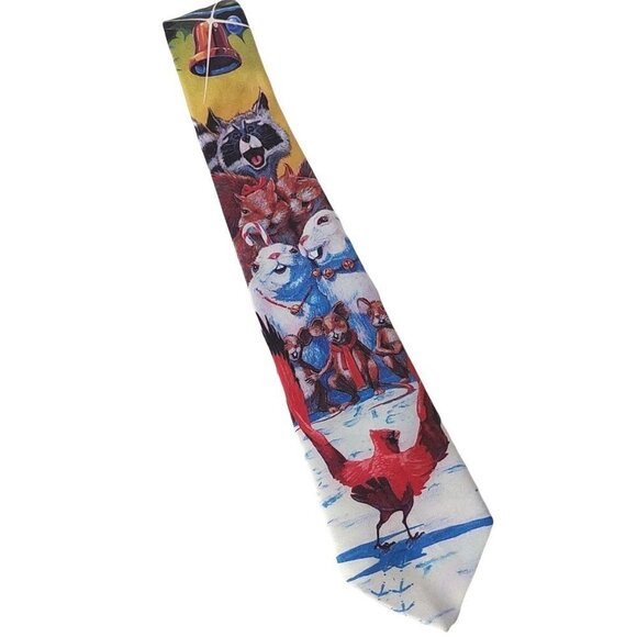 Vtg 1990 Ralph Marlin The Carolers Christmas Animals Singing Silk Necktie - Picture 1 of 7